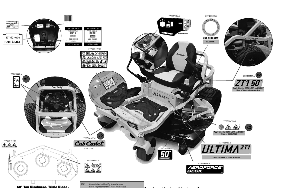 Label Map Diagram and Parts List for ZT1-50KW (17RIEACZ010)(2020) Cub Cadet Lawn Tractor